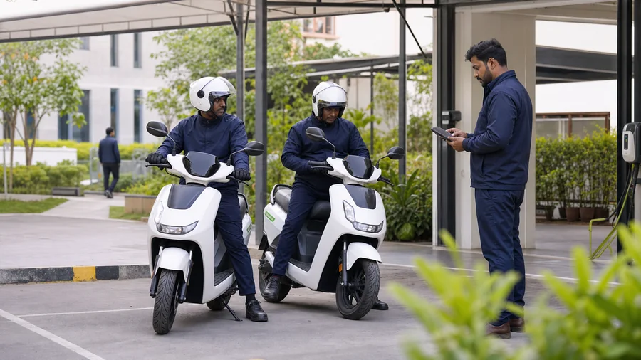 Electric two-wheeler field mobility team preparing for duty