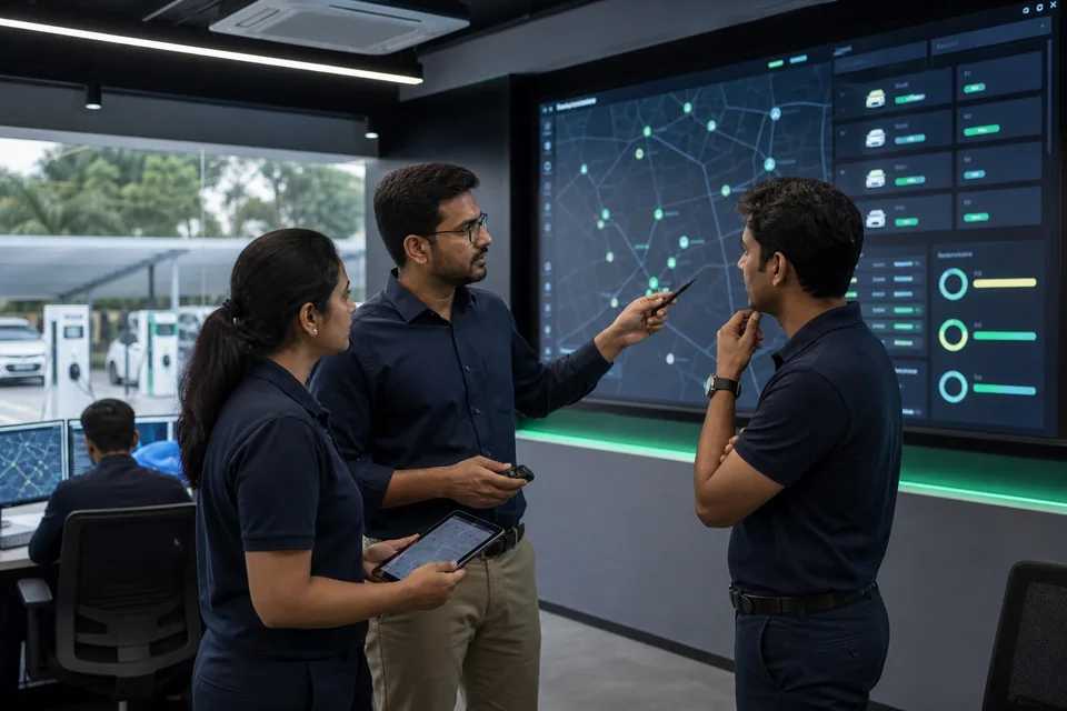 Fleet operations team coordinating vehicles from a control room